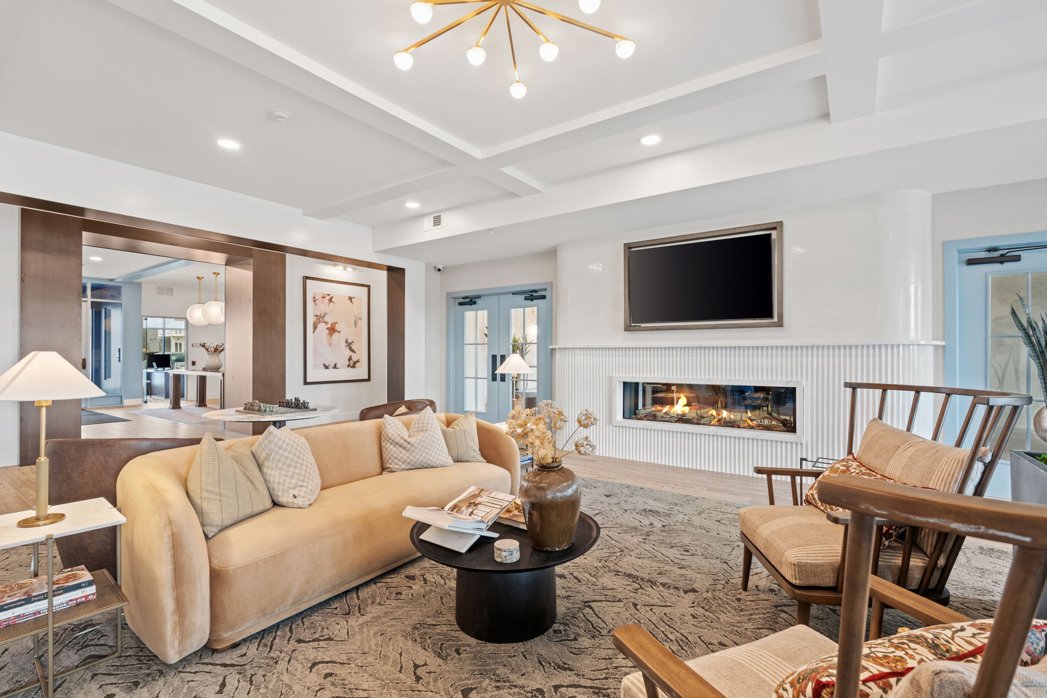Apartment lobby seating area with view to front door