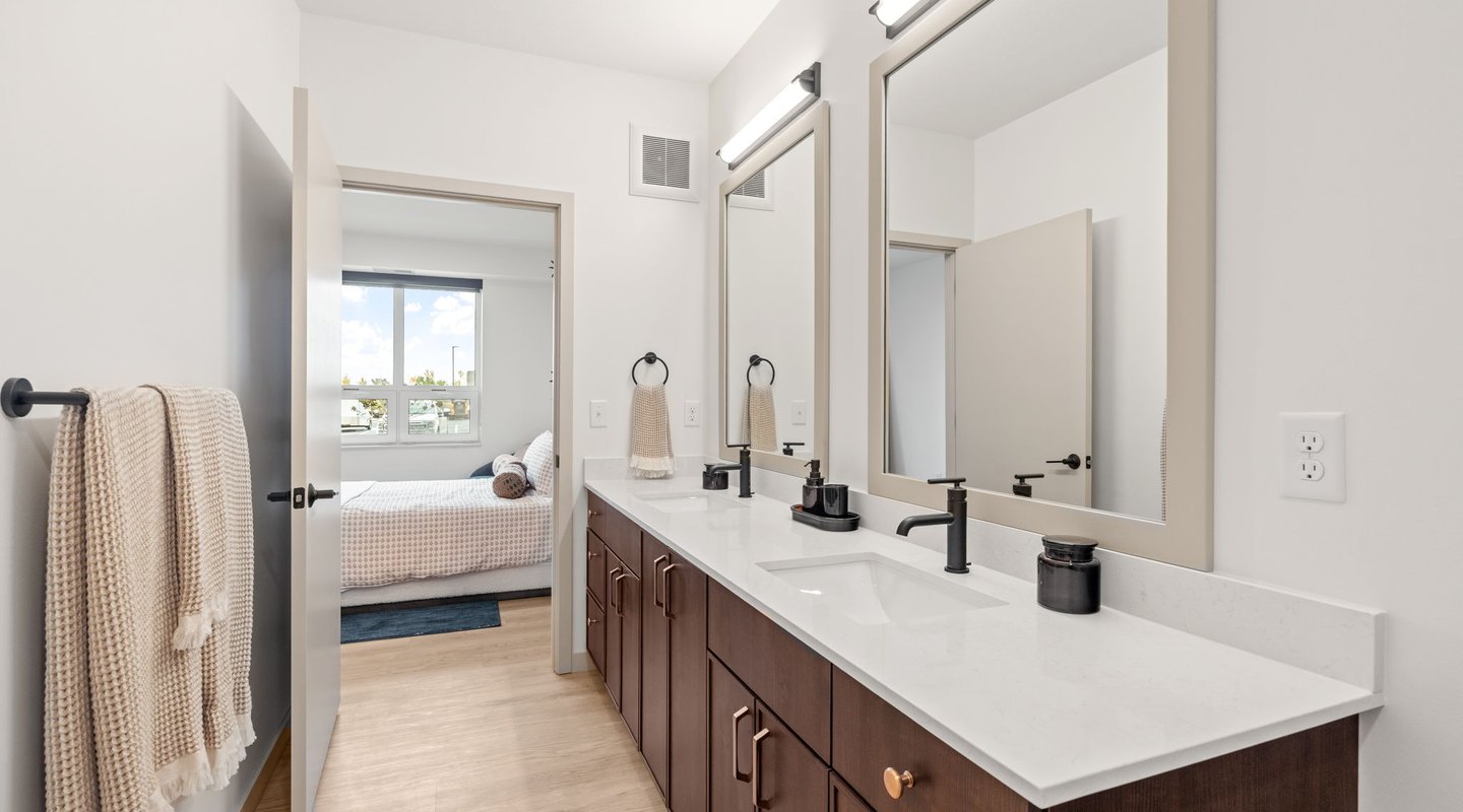 rendering of a bathroom with a double vanity and access to a spacious closet