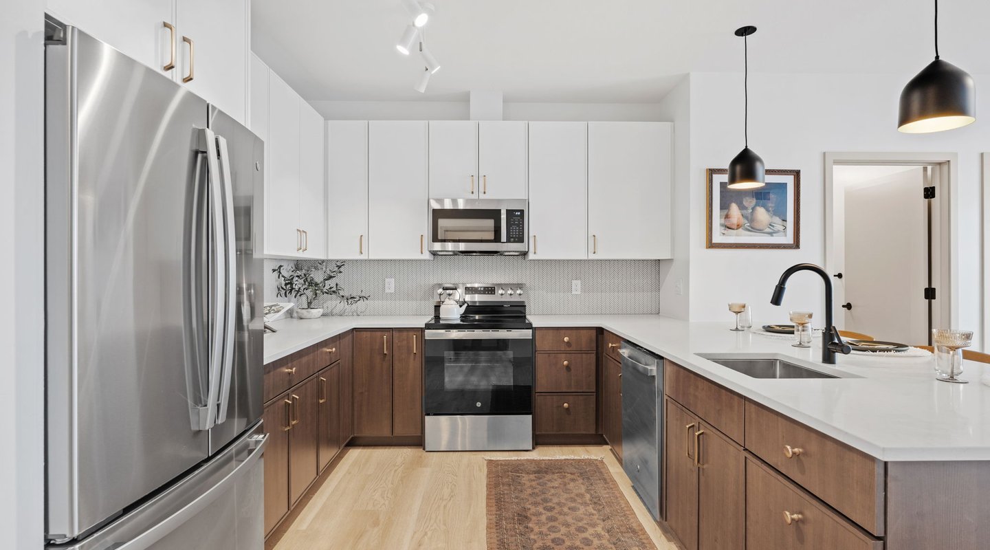 rendering of a modern kitchen at Rye Apartments in Farmington