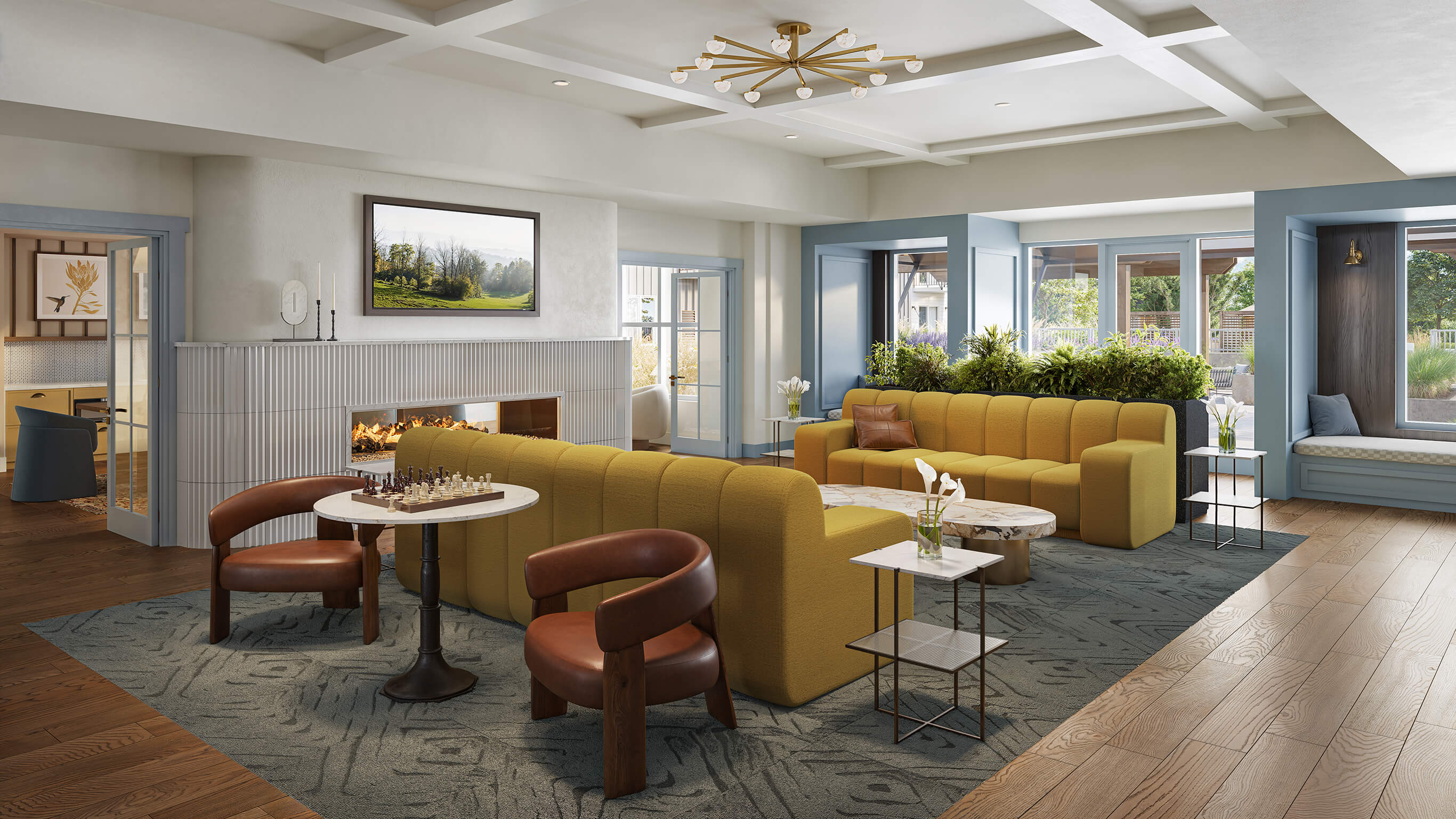 Modern clubhouse lounge with yellow sectional sofas, a fireplace, large windows, and a chess table setup.