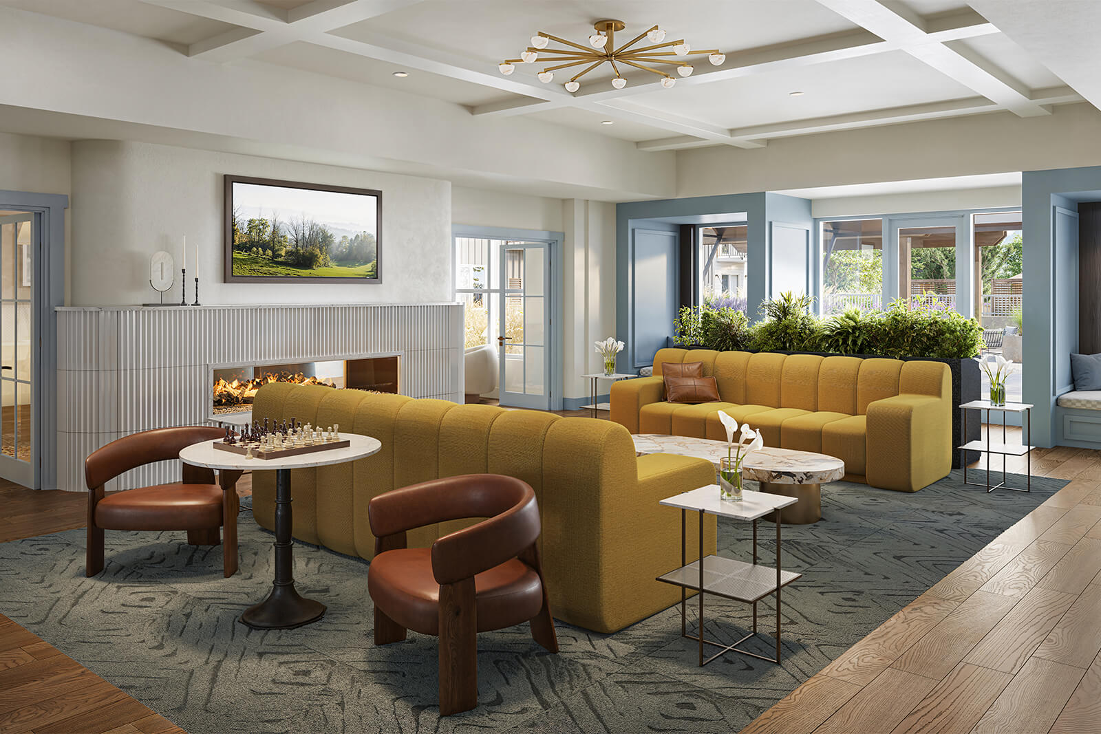 Stylish clubroom with mustard yellow sectional seating, fireplace, and modern decor