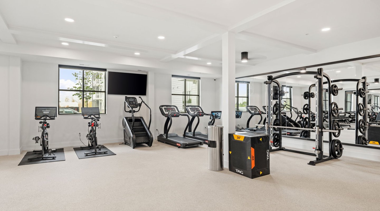 Rye Apartments fitness center with treadmills, weights, and yoga mats