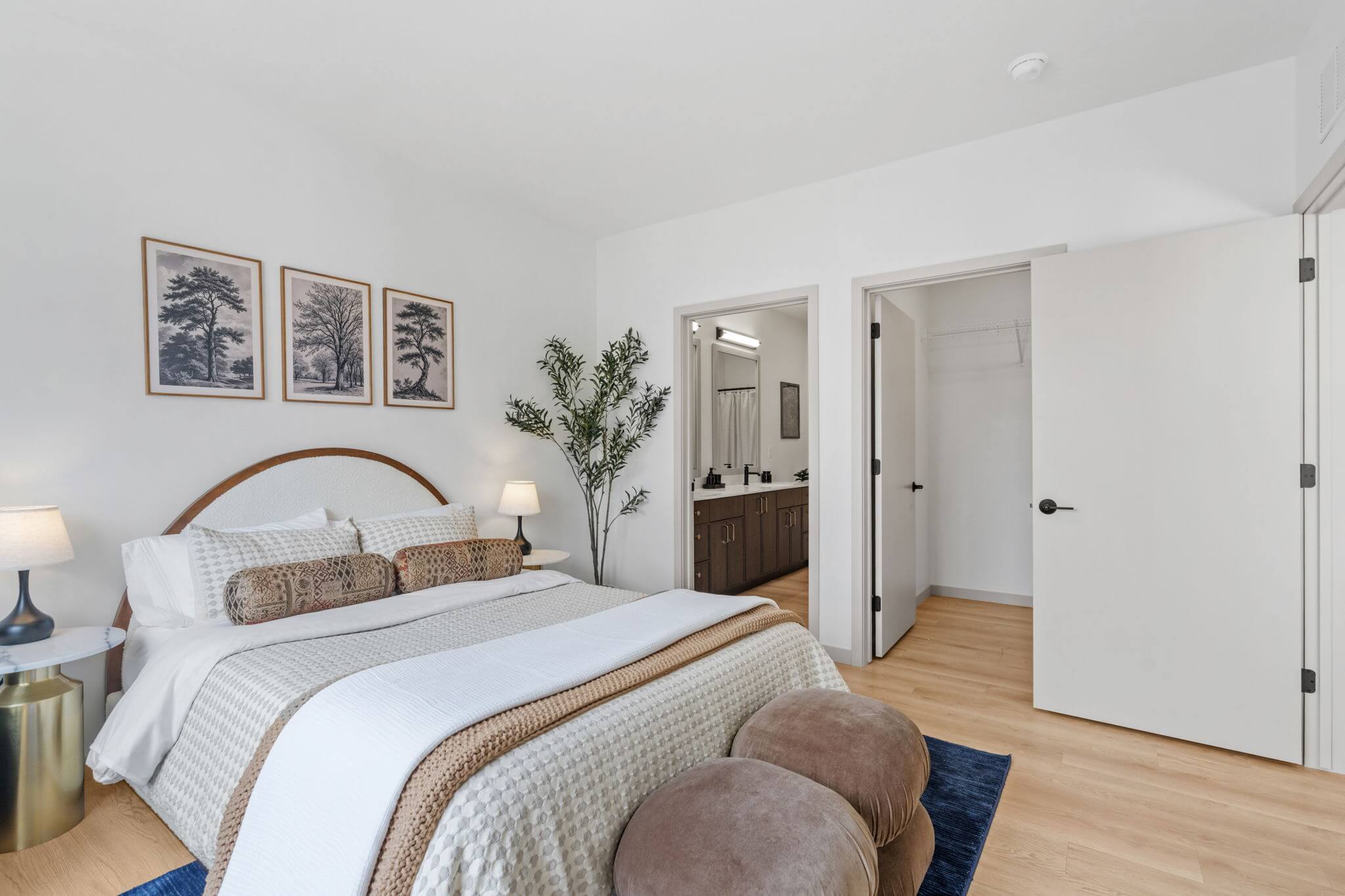 Bedroom with view into ensuite bathroom and open closet at Rye Apartments