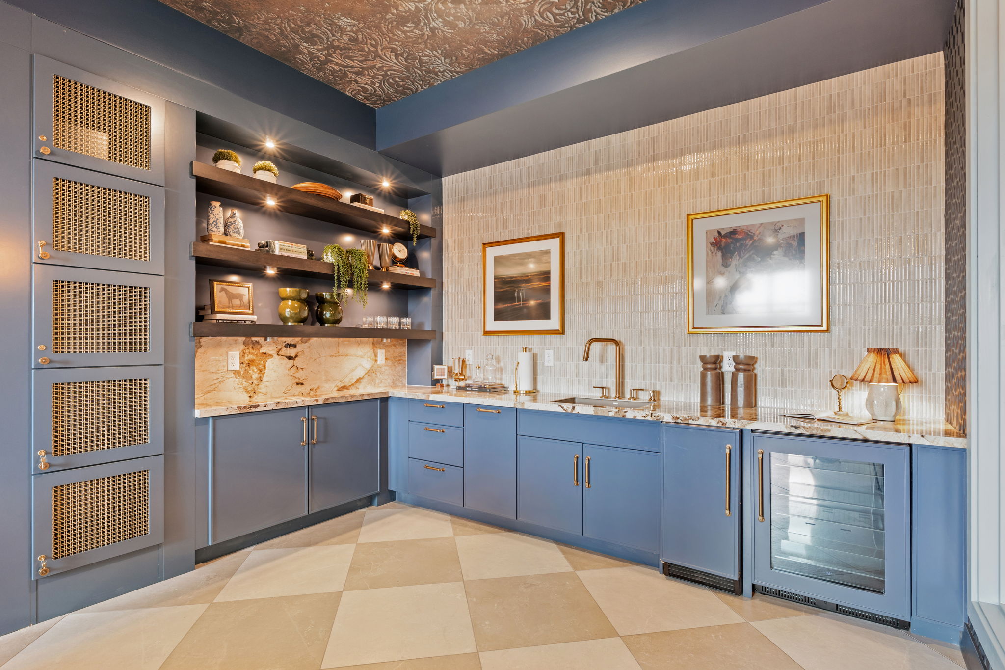Parlor room with view of the whiskey lounge wet bar