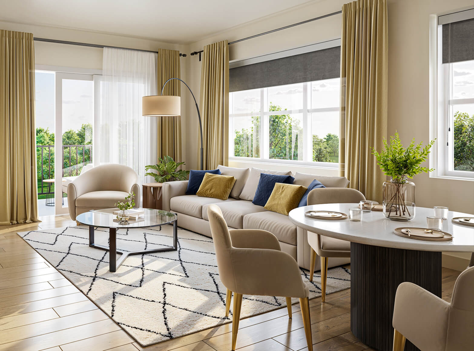 An elegant Rye aprartment living room with blue and gold accents.