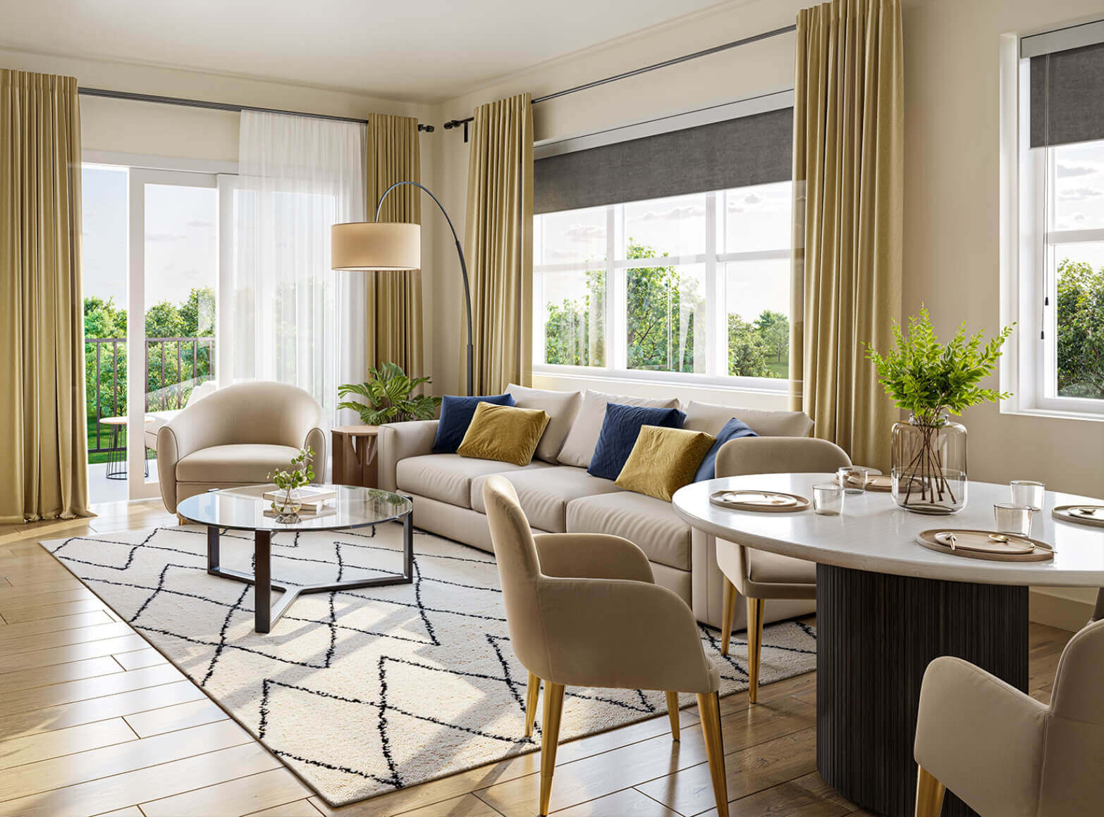 spacious living and dining room with modern furniture at Rye Apartments in Farmington, MN
