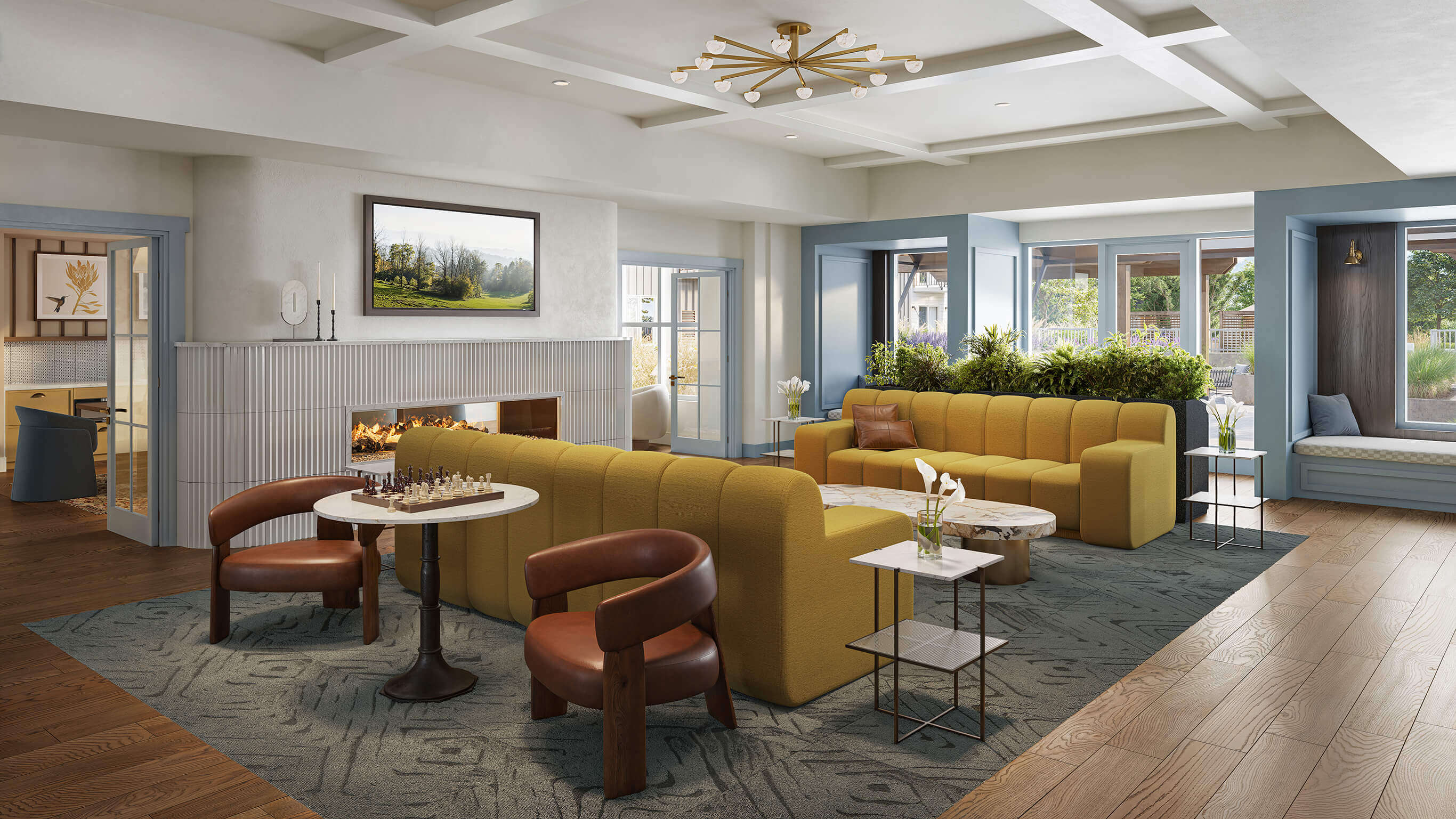 Modern clubhouse lounge with yellow sectional sofas, a fireplace, large windows, and a chess table setup.