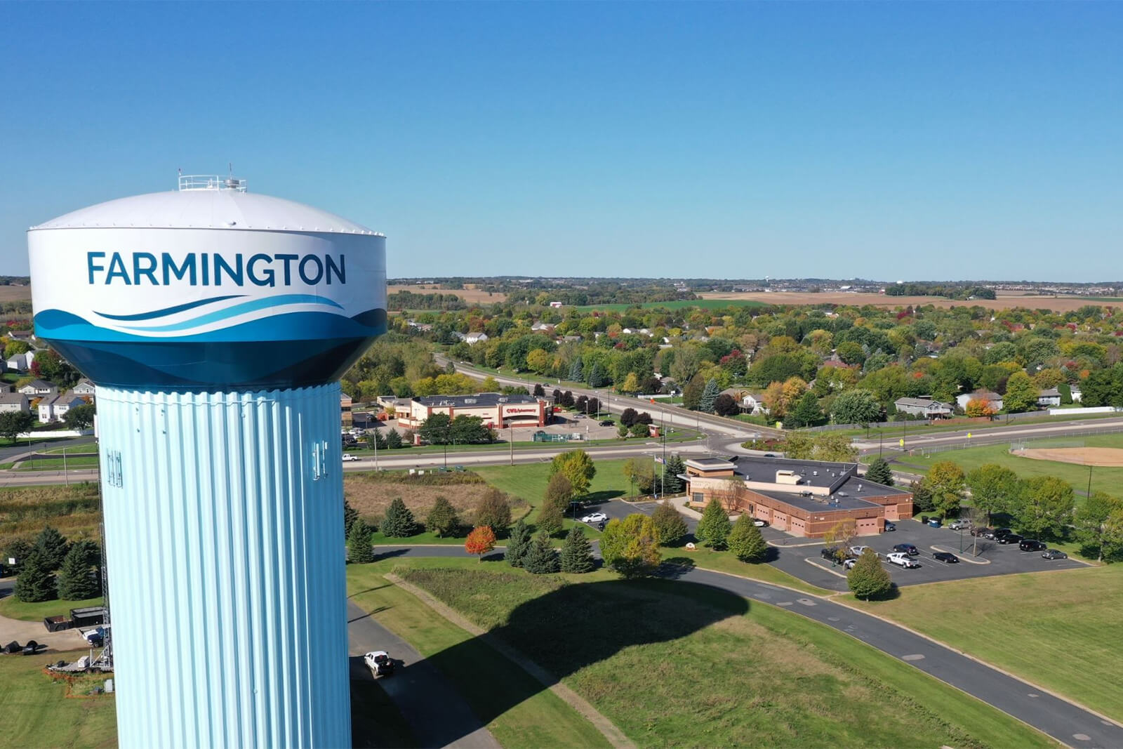 Aerial view of Farmington water tower and surrounding neighborhood