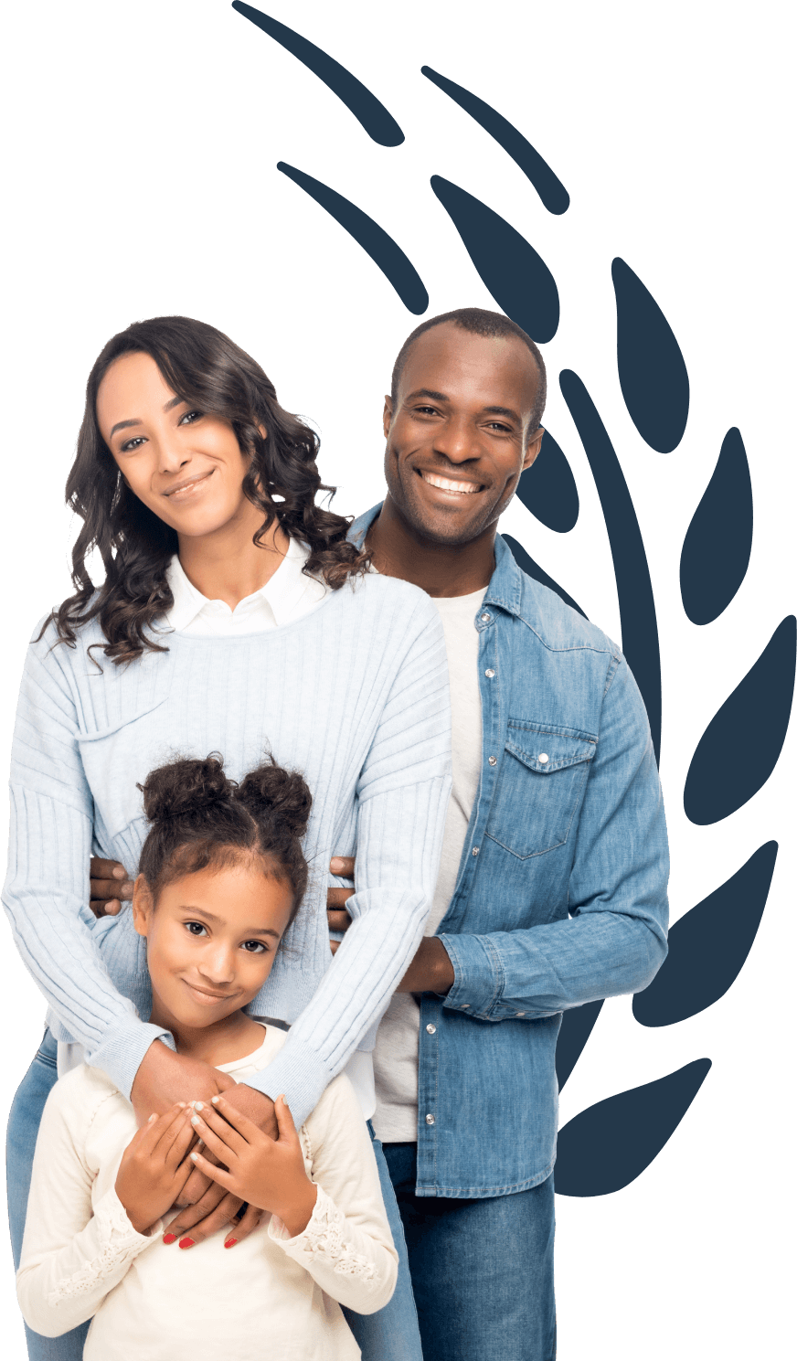 A happy family of three standing close together, smiling